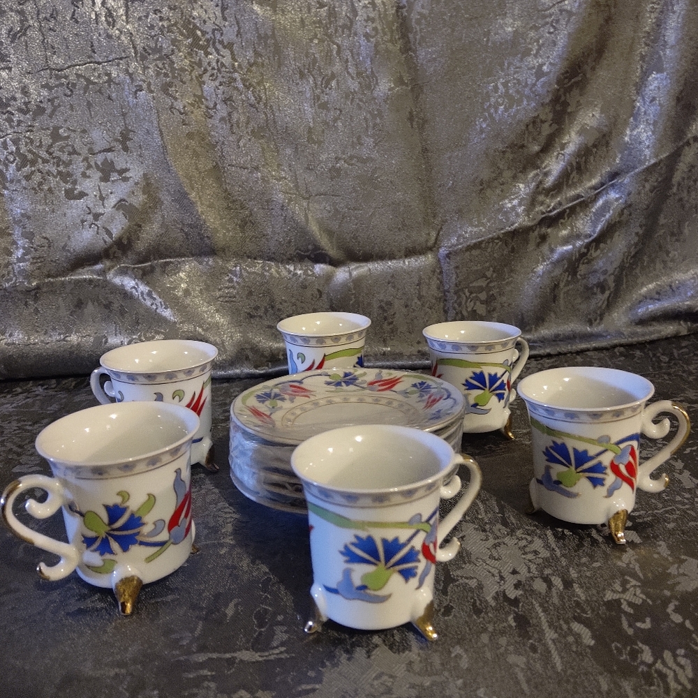 NEW Lot Of 6 Footed Turkish Demitasse Cups and Saucers. Turkish Coffee S…
